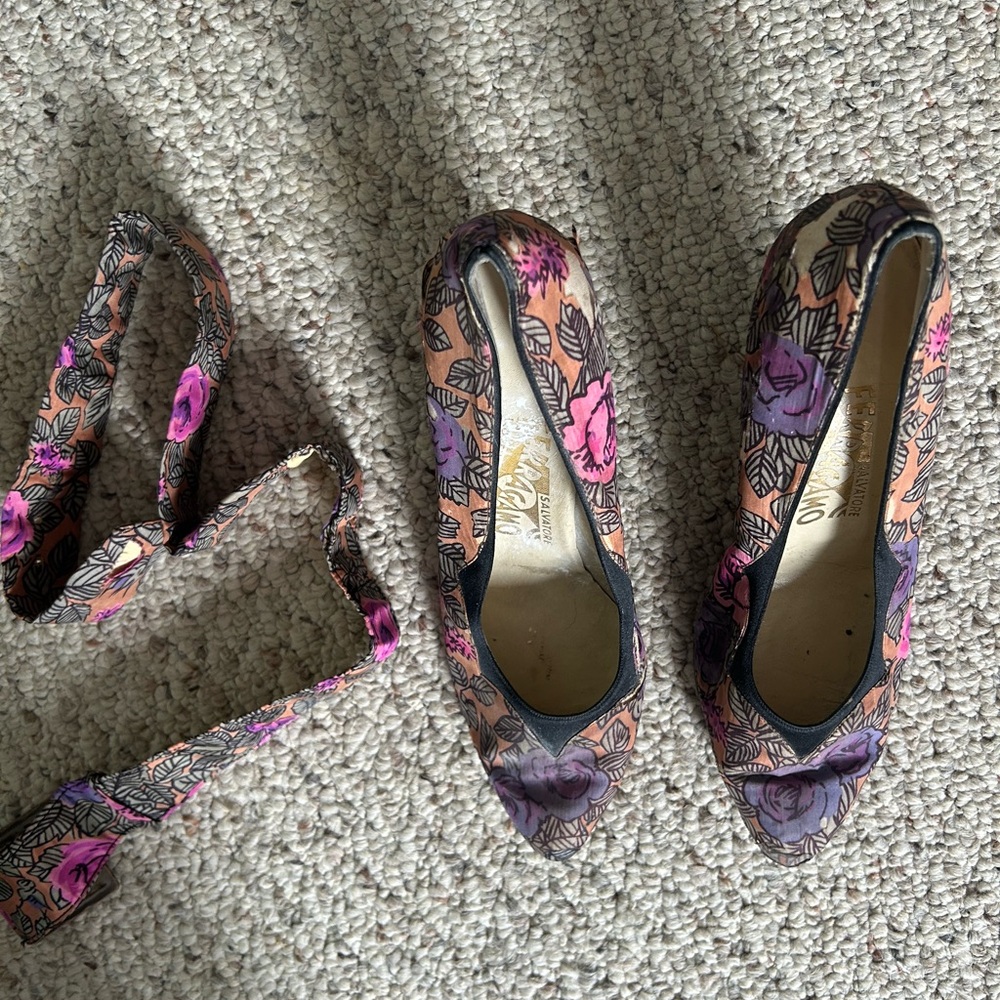 Salvatore Ferragamo Pink and Purple Floral Heels with belt